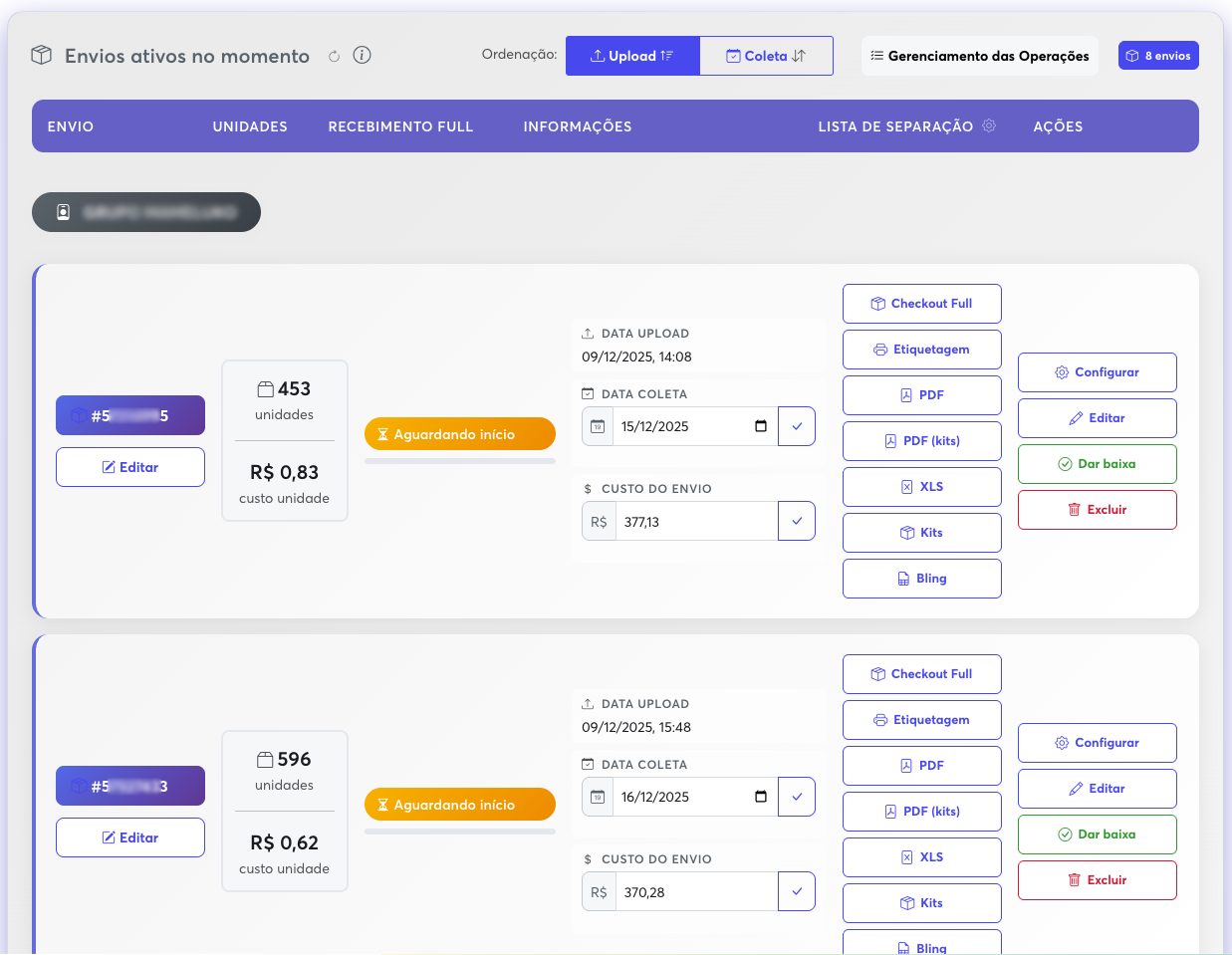 Gestão de envios em trânsito para Mercado Livre Full - lista de produtos em transferência